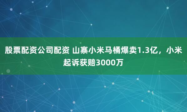 股票配资公司配资 山寨小米马桶爆卖1.3亿，小米起诉获赔3000万